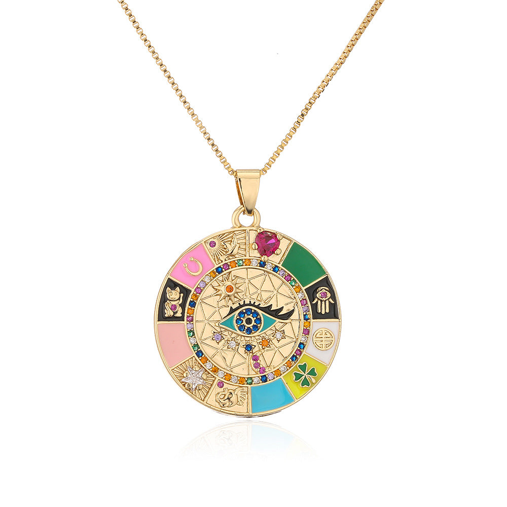 Collana pendente geometrica irregolare stile bohémien da donna con occhi in smalto e zirconi su catena a maglie in rame