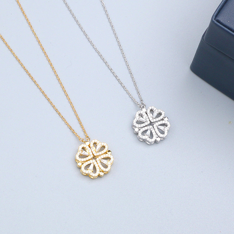 Dainty Heart-Shaped Titanium Steel Necklace with Gold Plating for Women, Four-Leaf Clover Pendant, Water Wave Chain, Elegant Clavicle Jewelry Gift