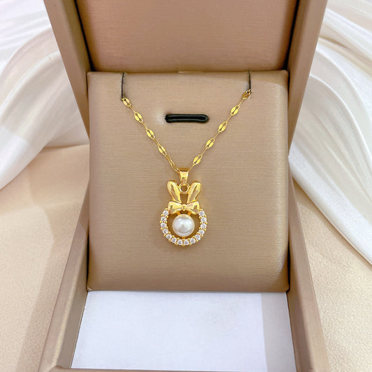 Elegant Pearl Bow Pendant Necklace for Women with Titanium Steel Chain Geometric Design Moon Motif