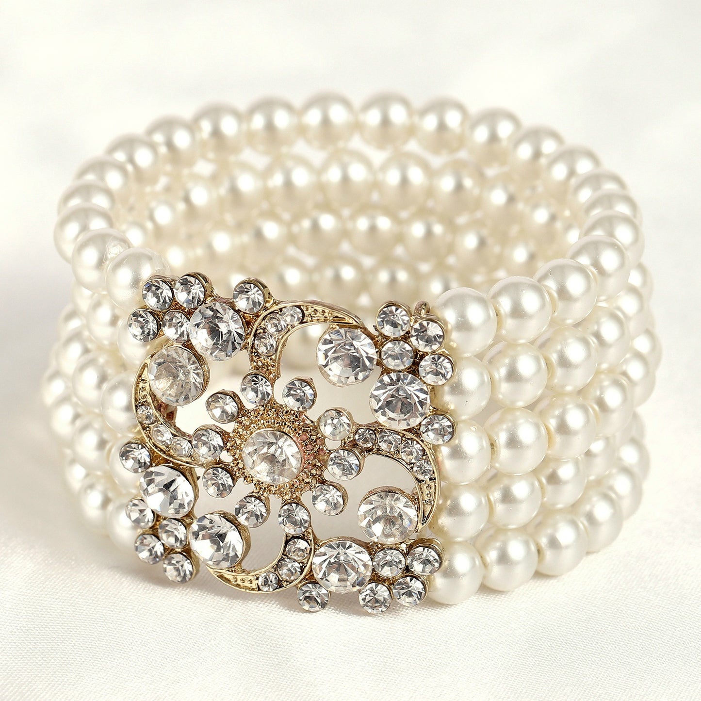 Vintage Multi-Layer Pearl and Rhinestone Bracelet with Floral Design for Women, Handcrafted Alloy Base