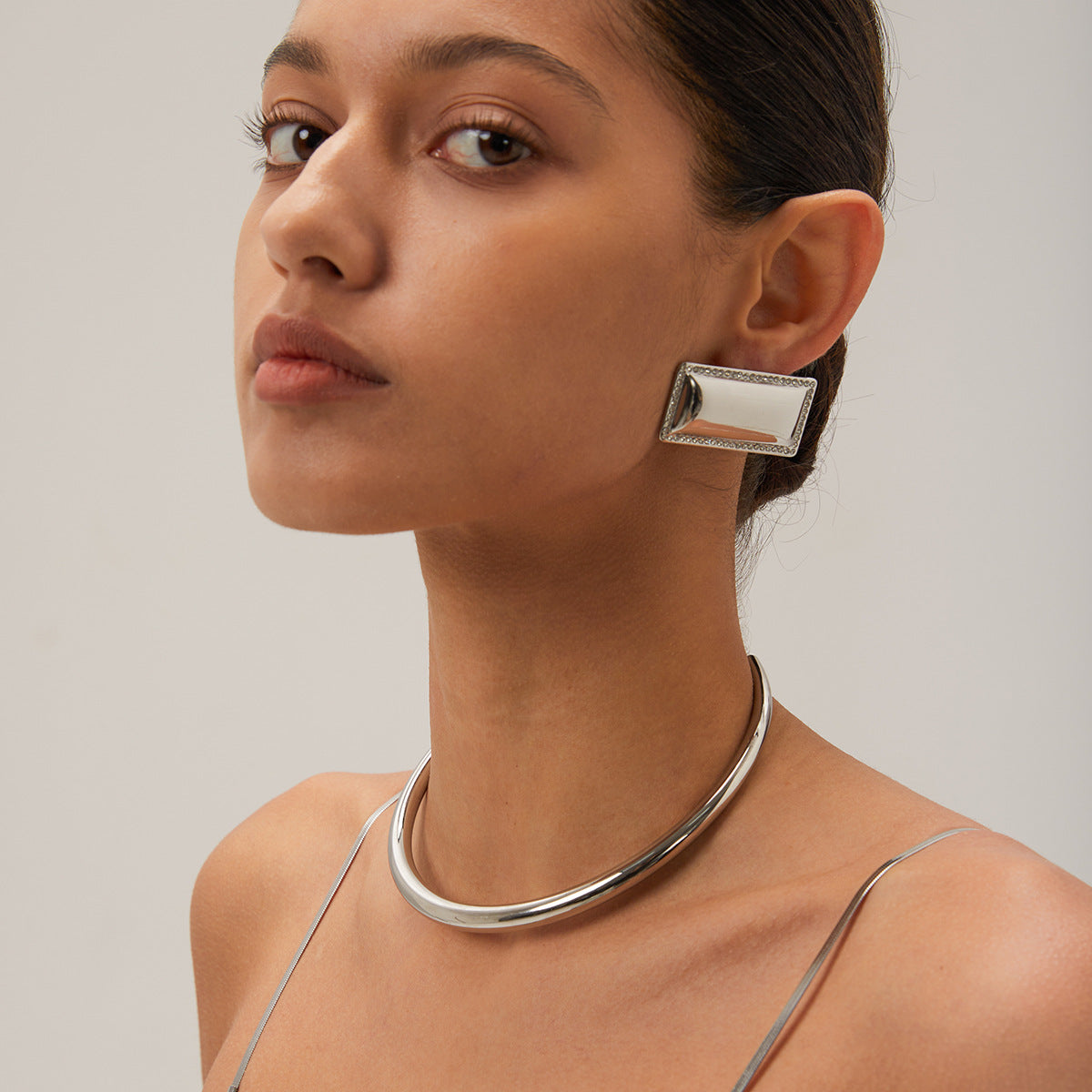 Trendy Geometric Rectangular Hoop Earrings 18K Gold Plated Stainless Steel with Rhinestone Inlay for Women