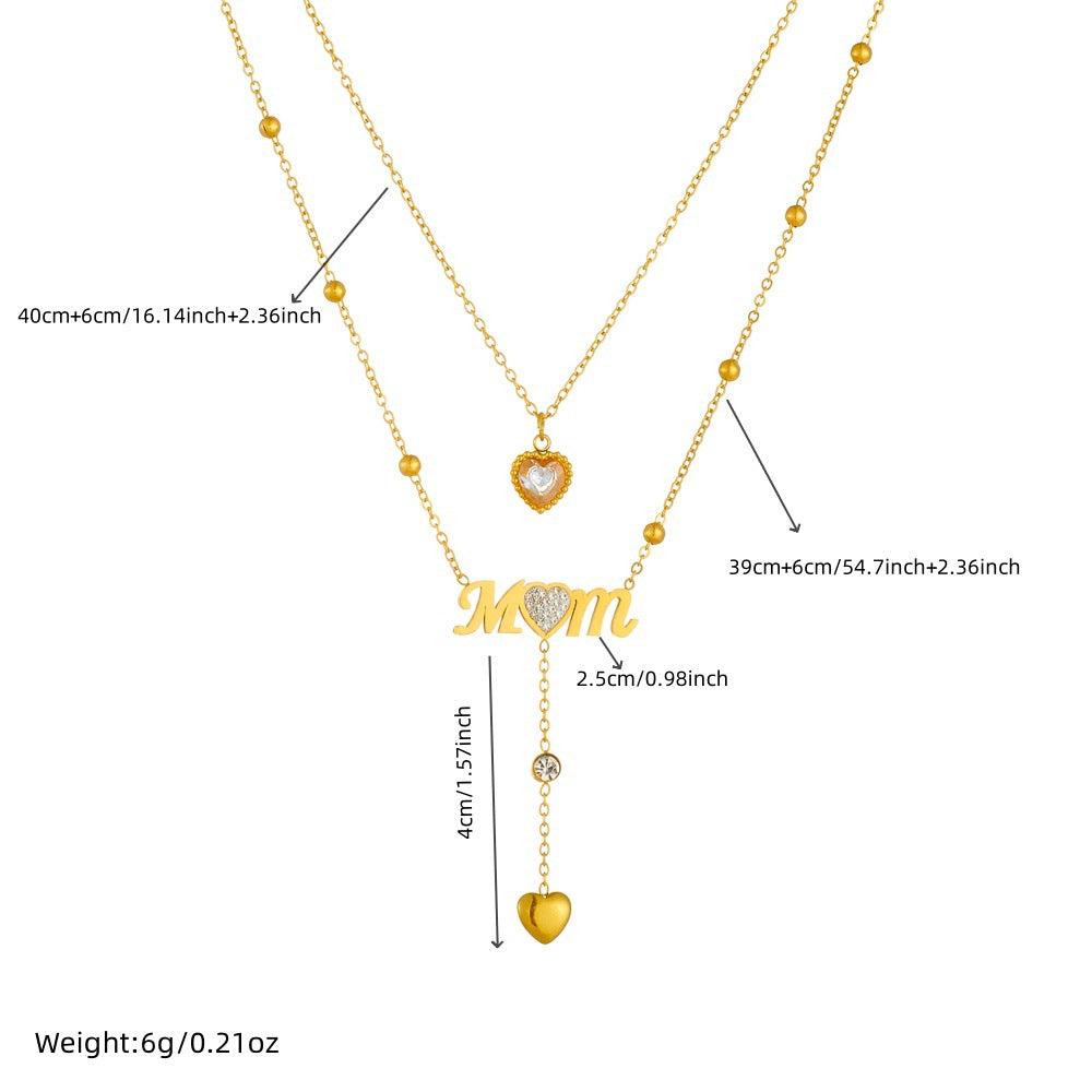 Minimalist Elegant Heart Letter Rhinestone Inlay Plated Stainless Steel Multi-Layer Necklace for Women