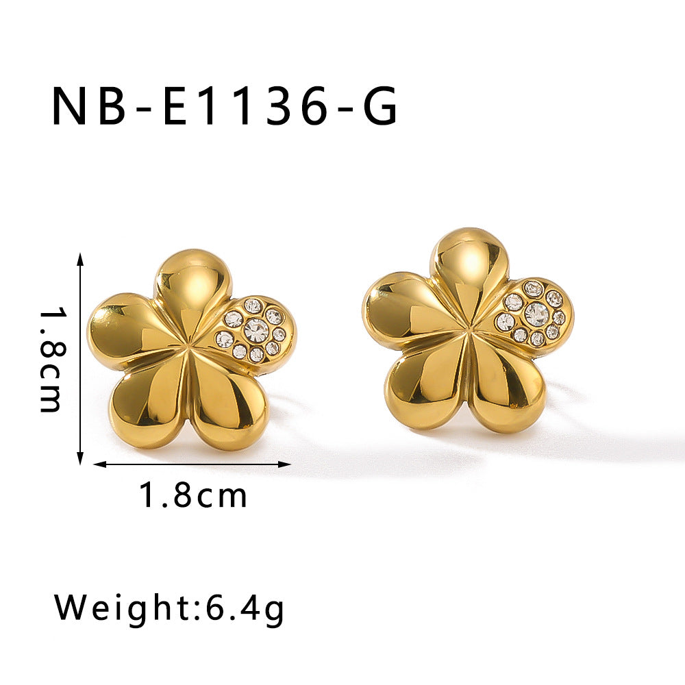 Floral Design Stainless Steel Earrings with Rhinestone Inlay Five-Petal Flower Shape for Women