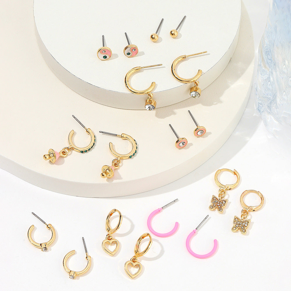 Geometric Butterfly Alloy Drip Oil Rhinestone C-Hoop Earrings Set