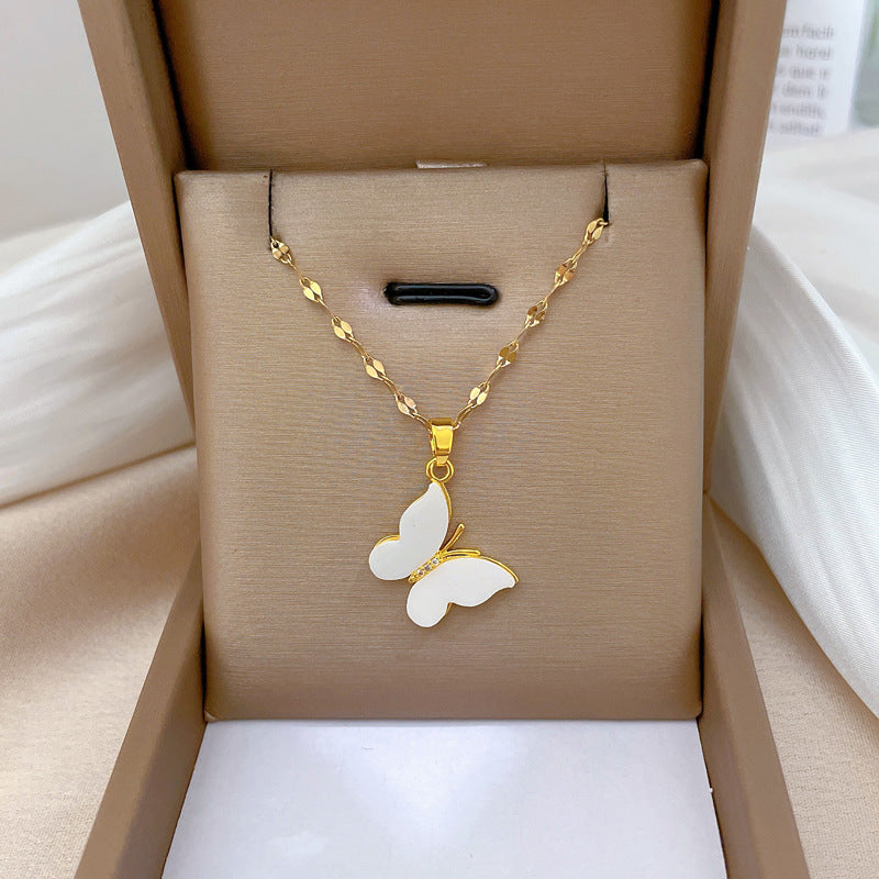 Collana con Pendente a Farfalla in Acciaio al Titanio Minimalista di Lusso con Madreperla per Donna, Delicata Catenina con Strass Intarsiati