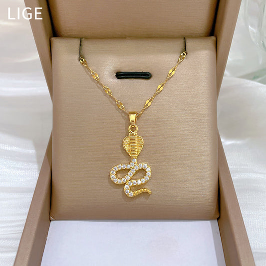 Luxury Snake-Shaped Rhinestone-Encrusted Titanium Steel Necklace for Women Delicate Clavicle Chain Geometric Design