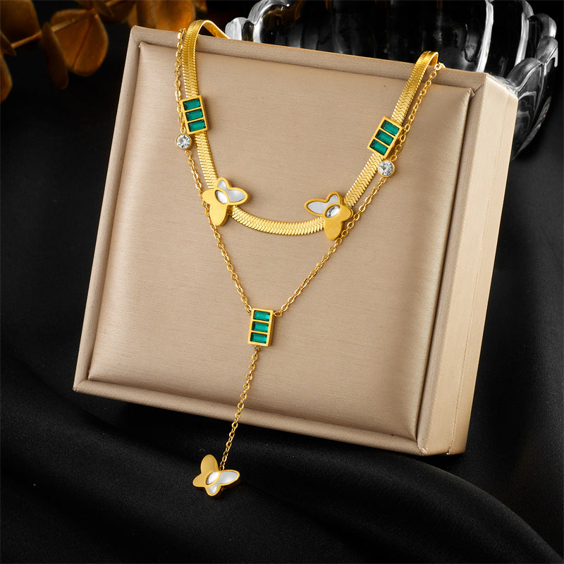 Vintage Minimalist Gold-Plated Stainless Steel Heart Butterfly Eye Pearl Pendant Multi-Layer Necklace