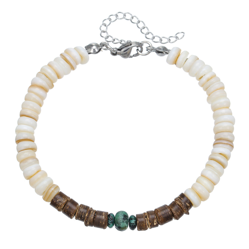 Maillard Tone Geometric Round Wood Bead Stainless Steel Bracelet