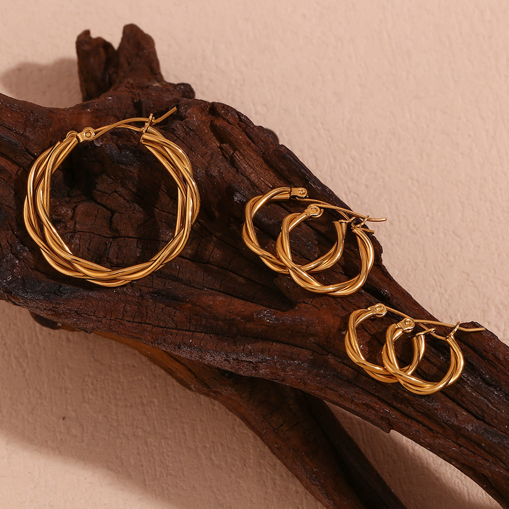 Minimalist Geometric Stainless Steel 18K Gold Plated Thin Braided Hoop Earrings for Women