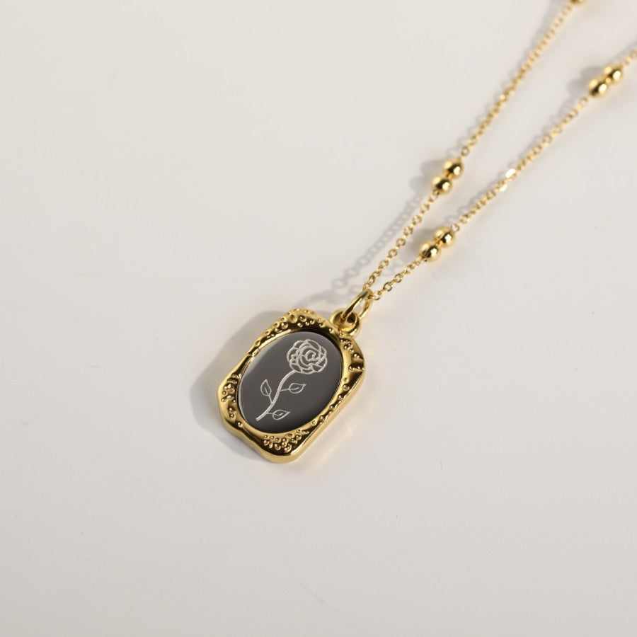 Vintage French Rose Flower Pendant Necklace 18K Gold Plated Titanium Steel Double Layer Beaded Chain