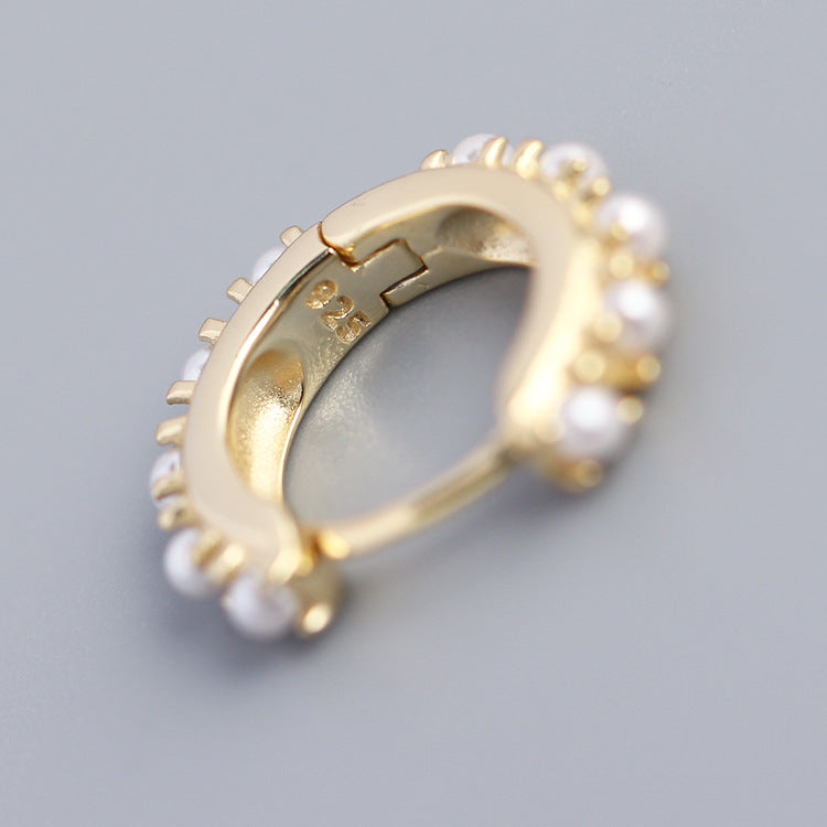 Elegantes pendientes de aro de plata de ley 925 con perlas incrustadas, redondos y geométricos, para mujer