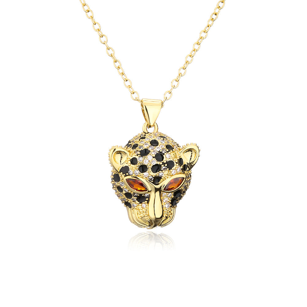 Collana Pendente Minimalista a Testa di Leopardo in Rame con Placcatura in Oro 18K e Intarsio di Zirconi