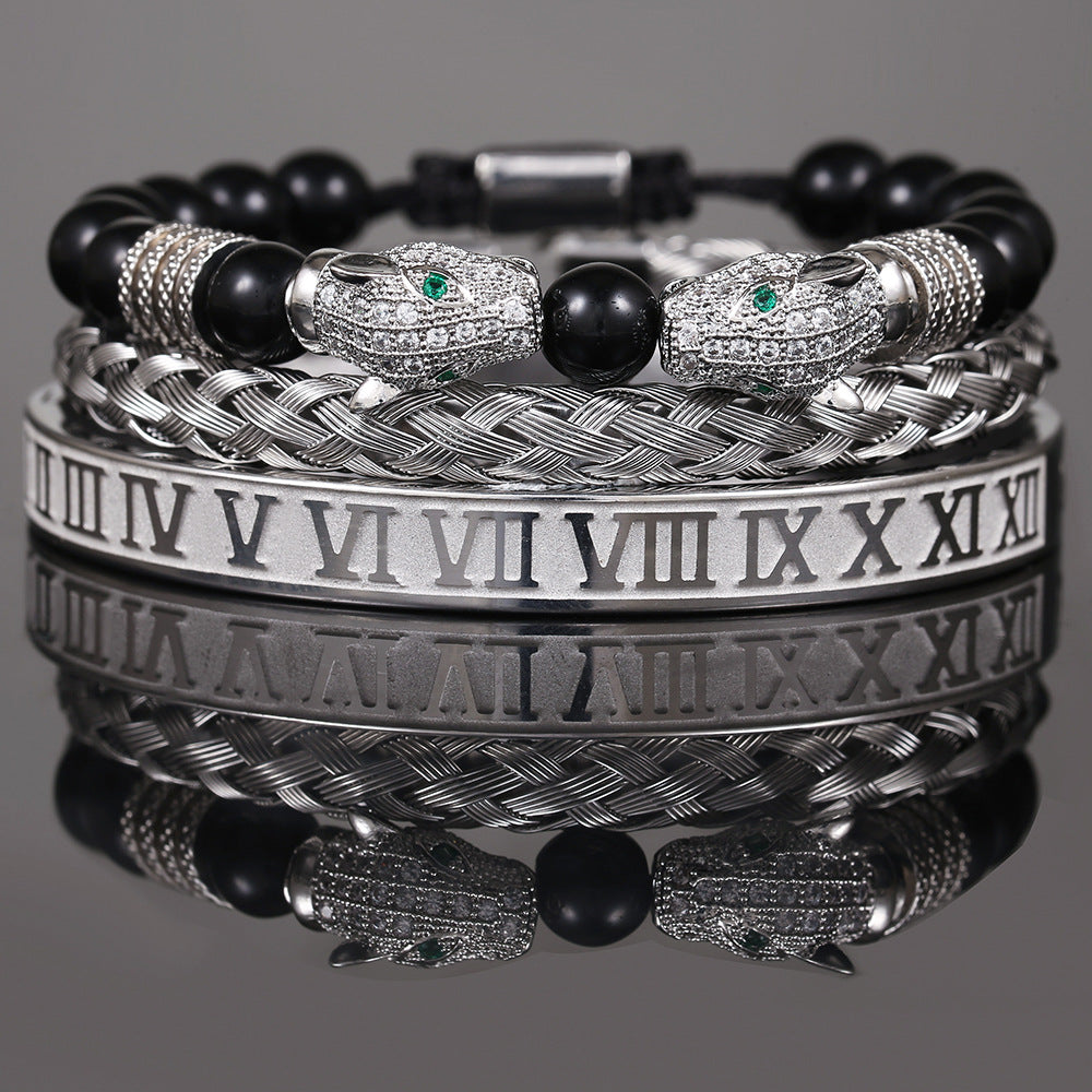 Personalized Double Leopard Head Black Agate Micro-set Cubic Zirconia Brass Stainless Steel Bracelet Set
