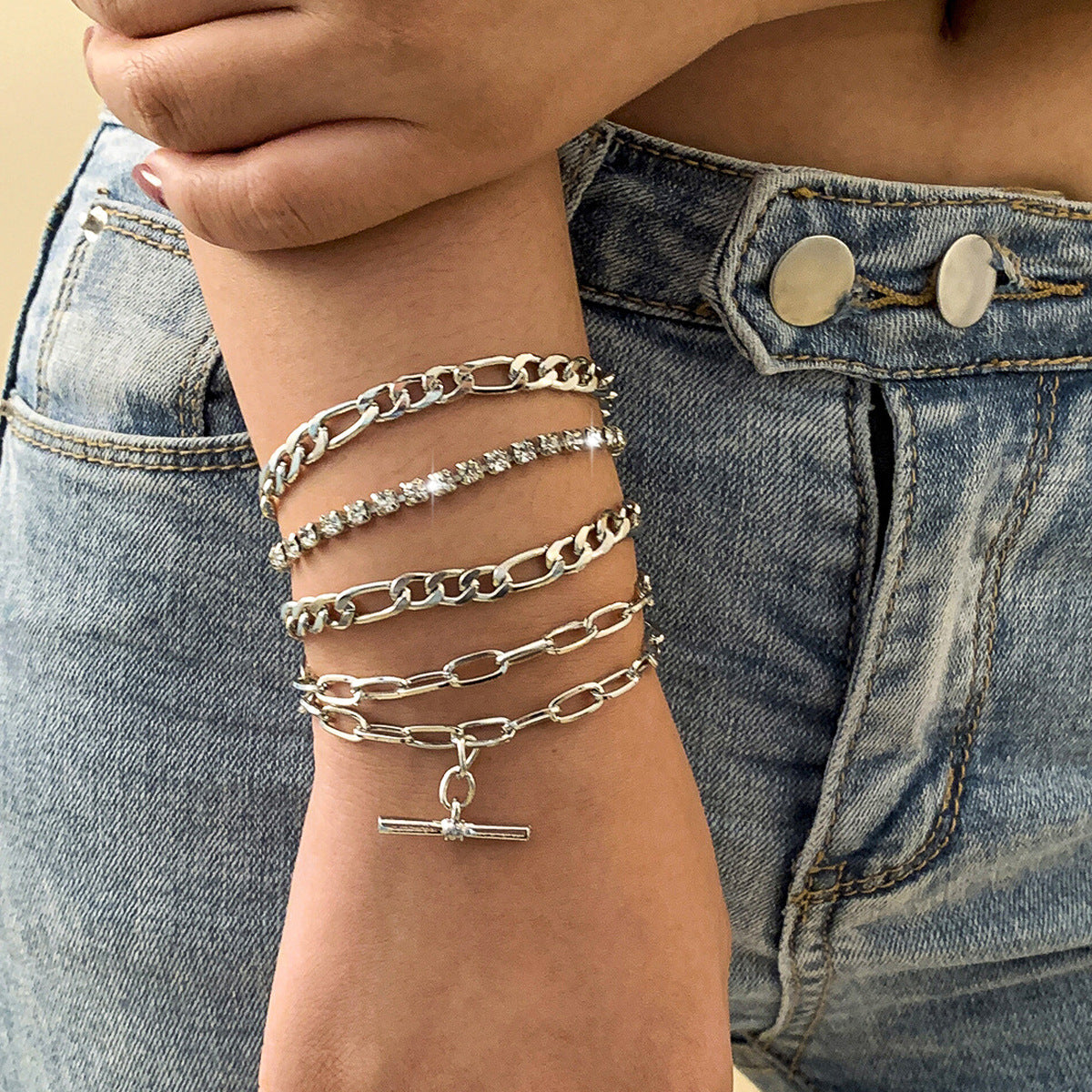 Minimalist Geometric Alloy Plated C-Shape Cable and Rope Chain Bracelet Set for Women