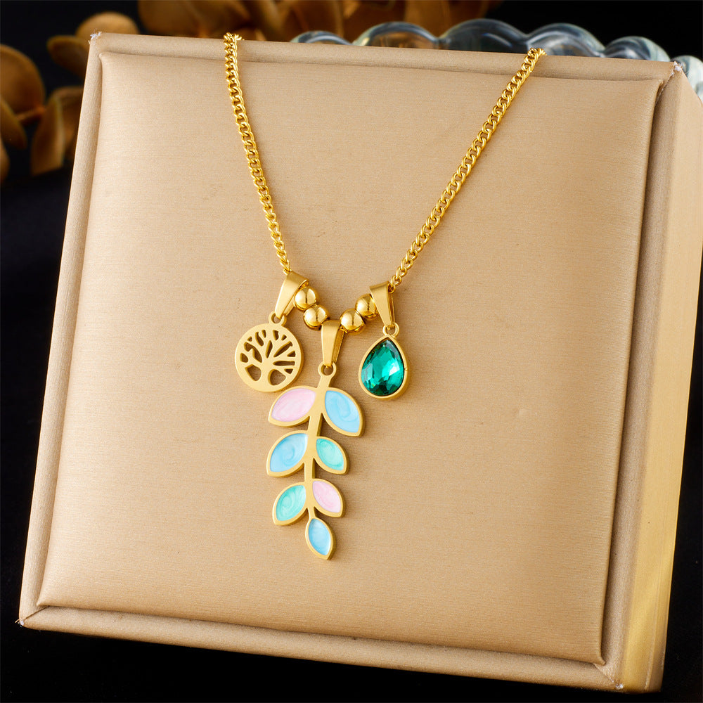 Sweet Drip Oil Plant Shape Gold Plated Stainless Steel Life Tree Pendant Necklace with Serpentine Chain for Women