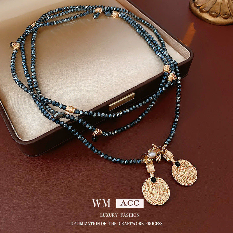 Collar con Colgante Geométrico de Estilo Vintage en Aleación con Detalles Hechos a Mano para Mujer, Cadena Larga para Suéter