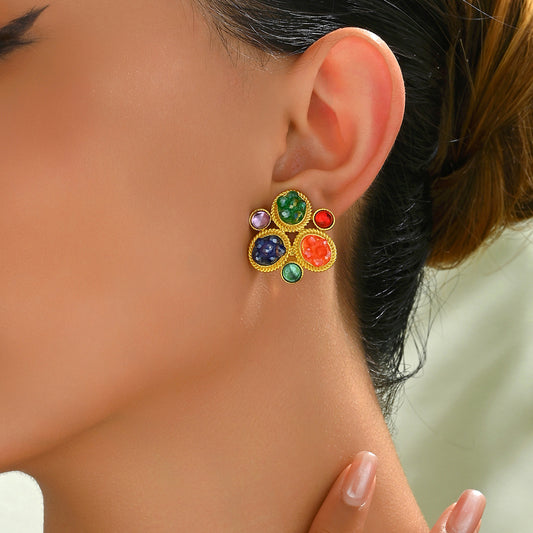 Pendientes de tuerca minimalistas geométricos redondos de cobre con cristales y postes de acero inoxidable para mujer