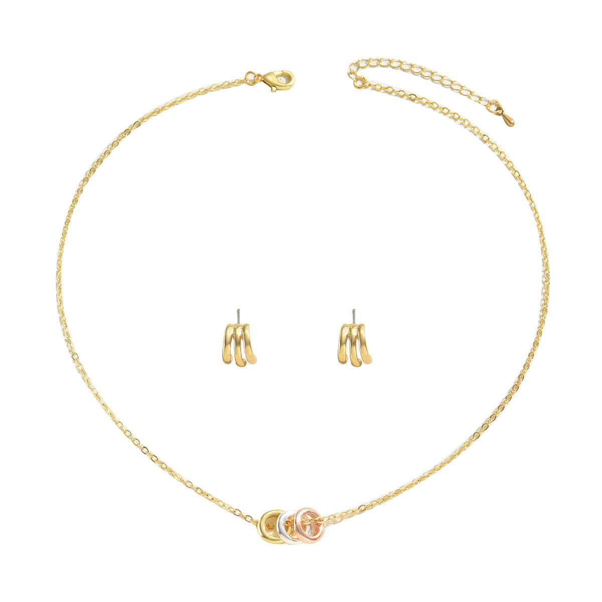 Conjunto de collar y pendientes de diseño geométrico minimalista chapados en cobre para mujer, con diseño de líneas ovaladas y circulares