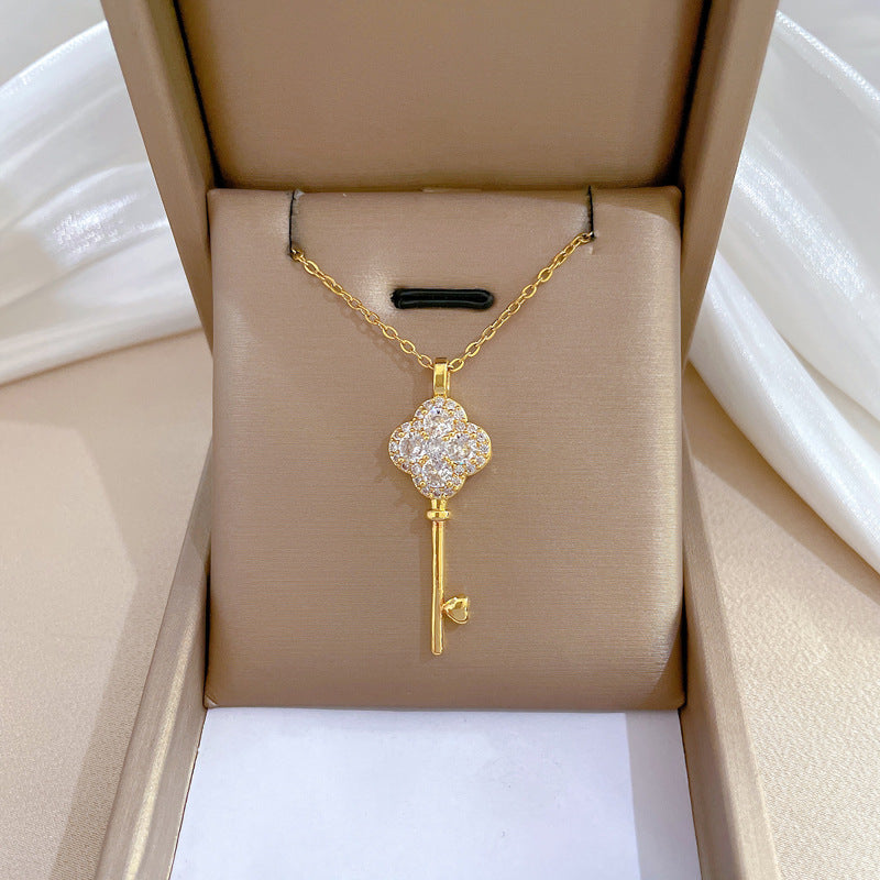 Minimalist Clover Pendant Necklace for Women and Men in Titanium Steel with Rhinestone Inlay on Snake Chain