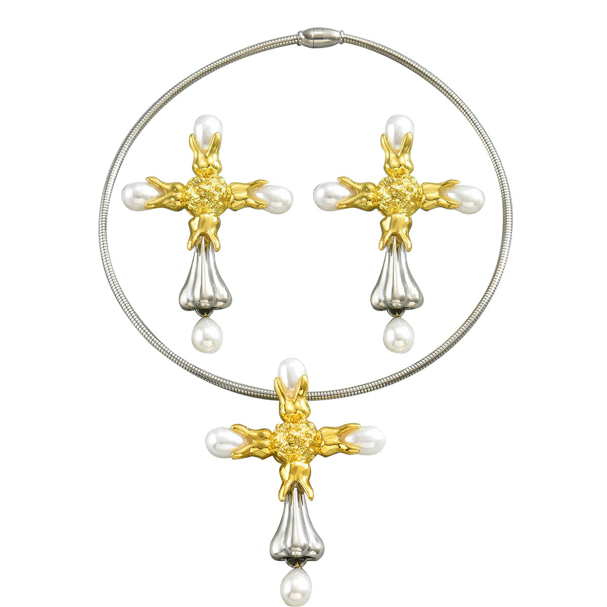 Fashionable Office Lady Style Cross Pendant Necklace and Stud Earrings Set in Copper with Pearl Inlay