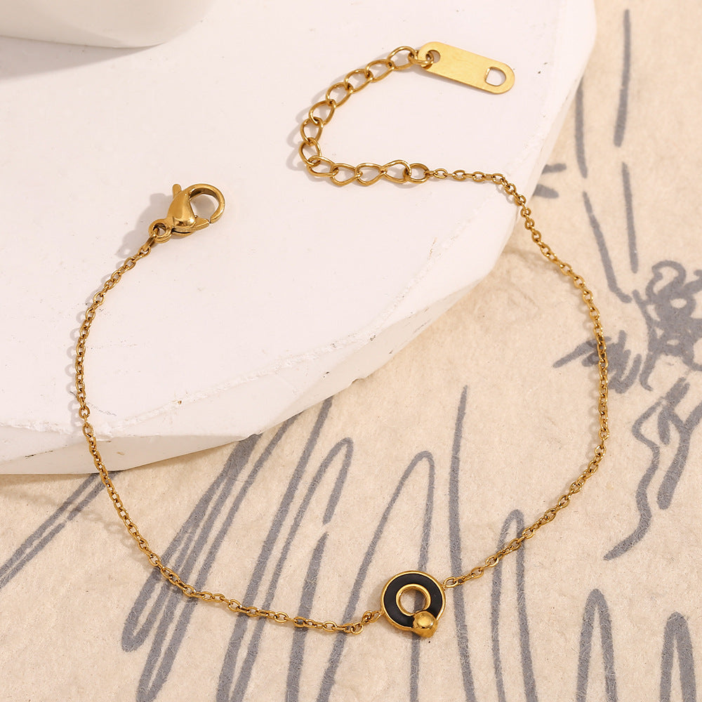 Fashionable Minimalist Geometric Stainless Steel Plated 18K Gold Black Enamel Round Symbol Bracelet for Women