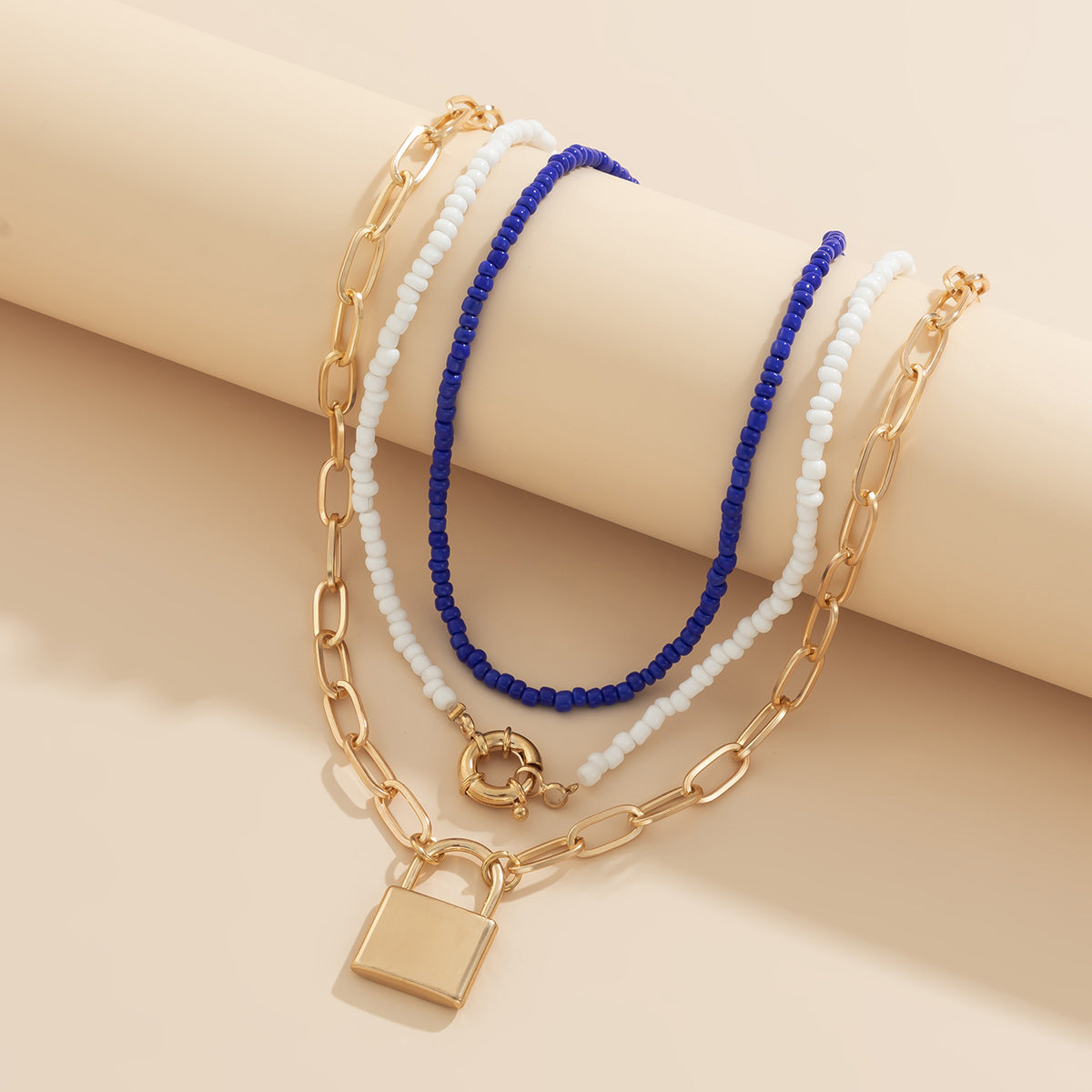 Vintage Punk Geometric Alloy Plated Lock Pendant Tassel Necklace with Ball Chain for Women