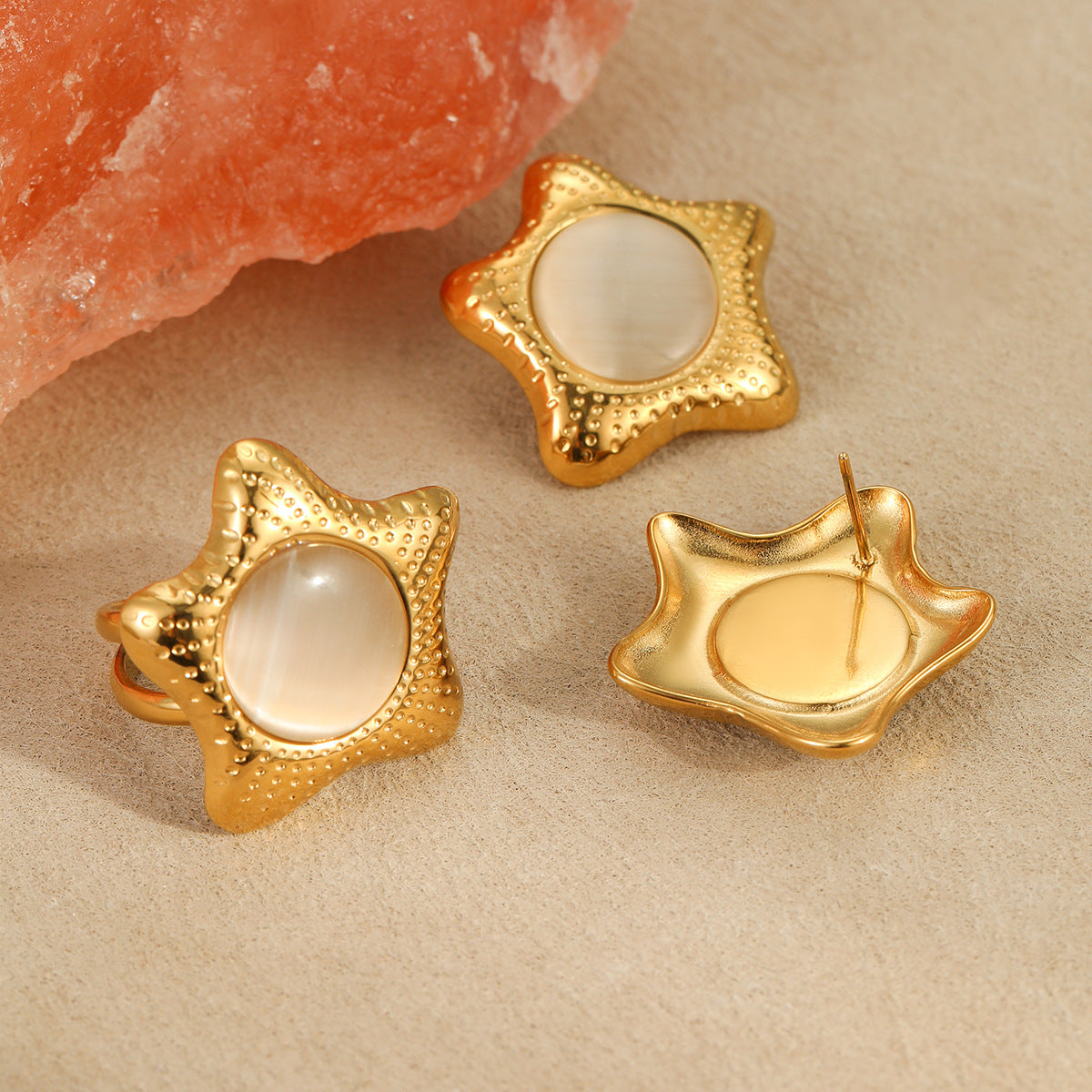 Pendientes y Anillo Minimalistas de Acero de Titanio con Forma de Estrella, Incrustación de Ojo de Gato, Joyería de Acero Inoxidable Galvanizado para Mujer