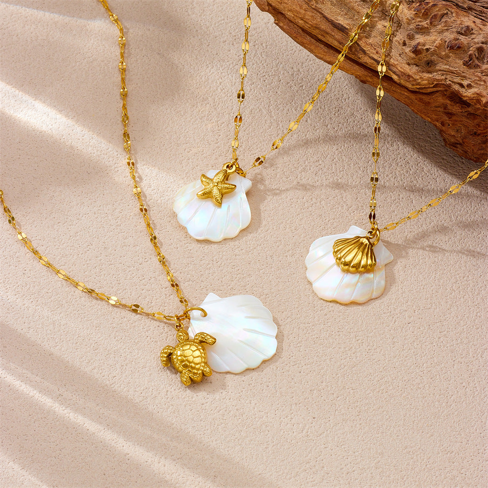 Personalized Ocean Starfish Seashell Turtle Pendant Necklace in Stainless Steel with 18K Gold Plating on Wavy Chain for Women
