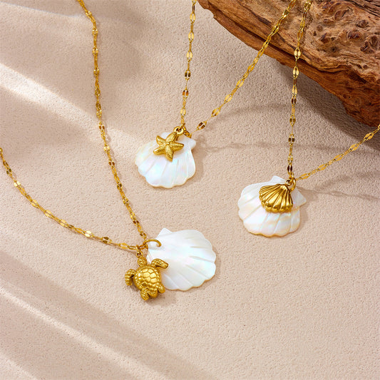 Personalized Ocean Starfish Seashell Turtle Pendant Necklace in Stainless Steel with 18K Gold Plating on Wavy Chain for Women