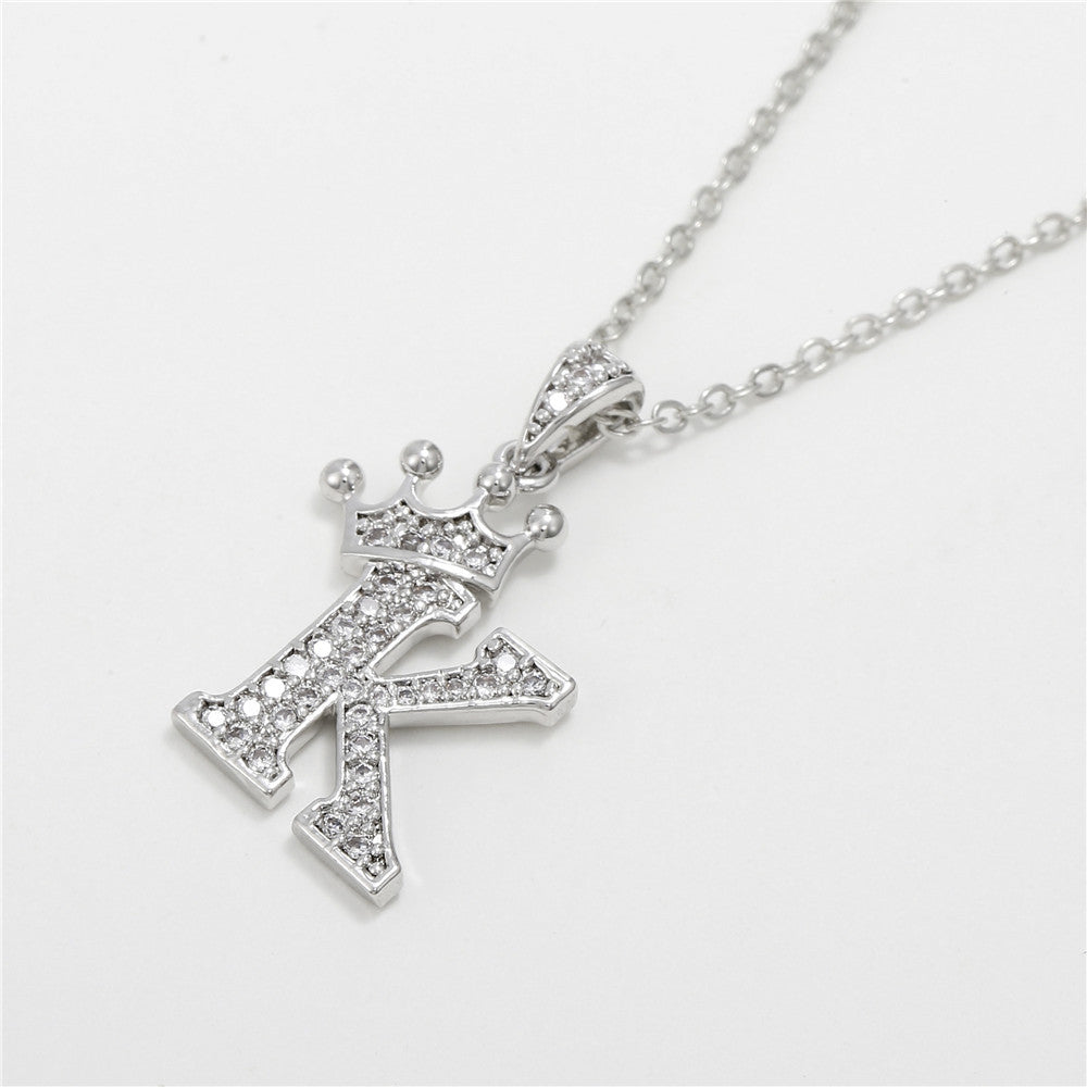 Minimalist White Gold Plated Crown Letter Pendant Necklace with Micro-Pave Cubic Zirconia for Women