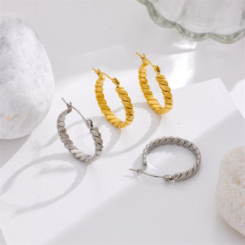 Minimalist Geometric Titanium Steel Gold-Plated Hoop Earrings for Women with Thick Twisted Rope Design