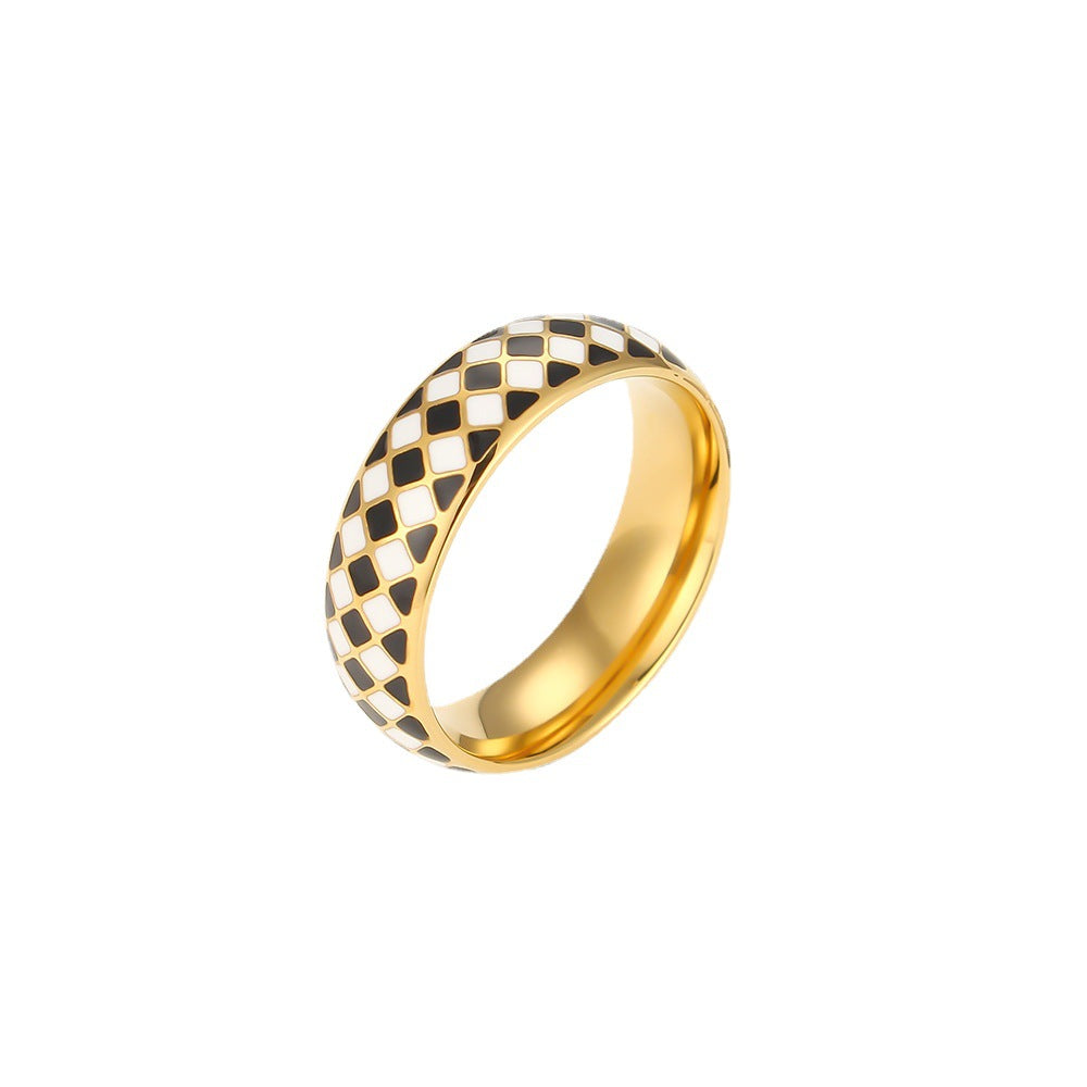 Anello alla moda minimalista geometrico in acciaio inossidabile con placcatura in oro 18K e dettaglio in smalto bianco e nero per donna