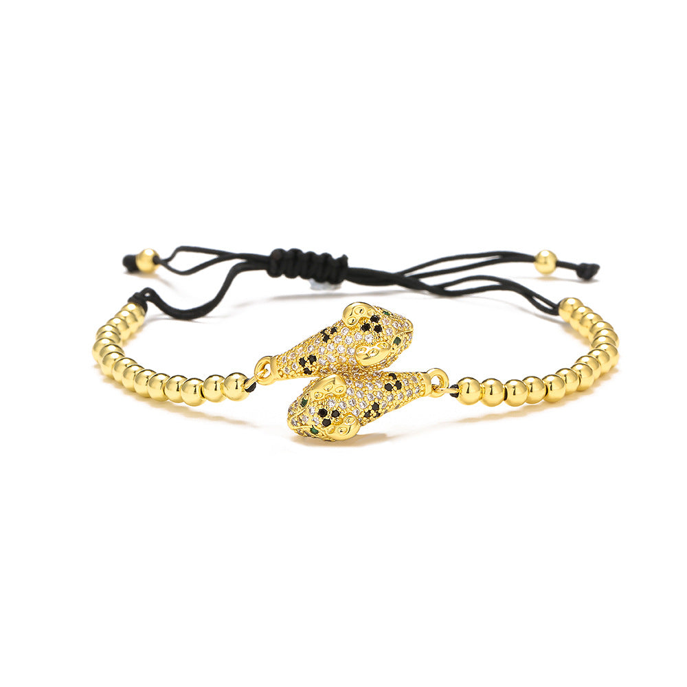 Minimalist Geometric Leopard Charm Adjustable Drawstring Bracelet for Women in Brass with 18K Gold Plating and Zircon