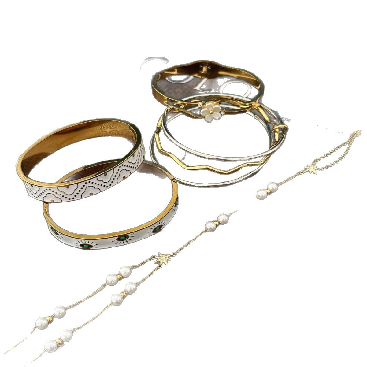 Elegante Bracciale a Maglie con Perle e Stella in Acciaio Inossidabile Placcato da Donna