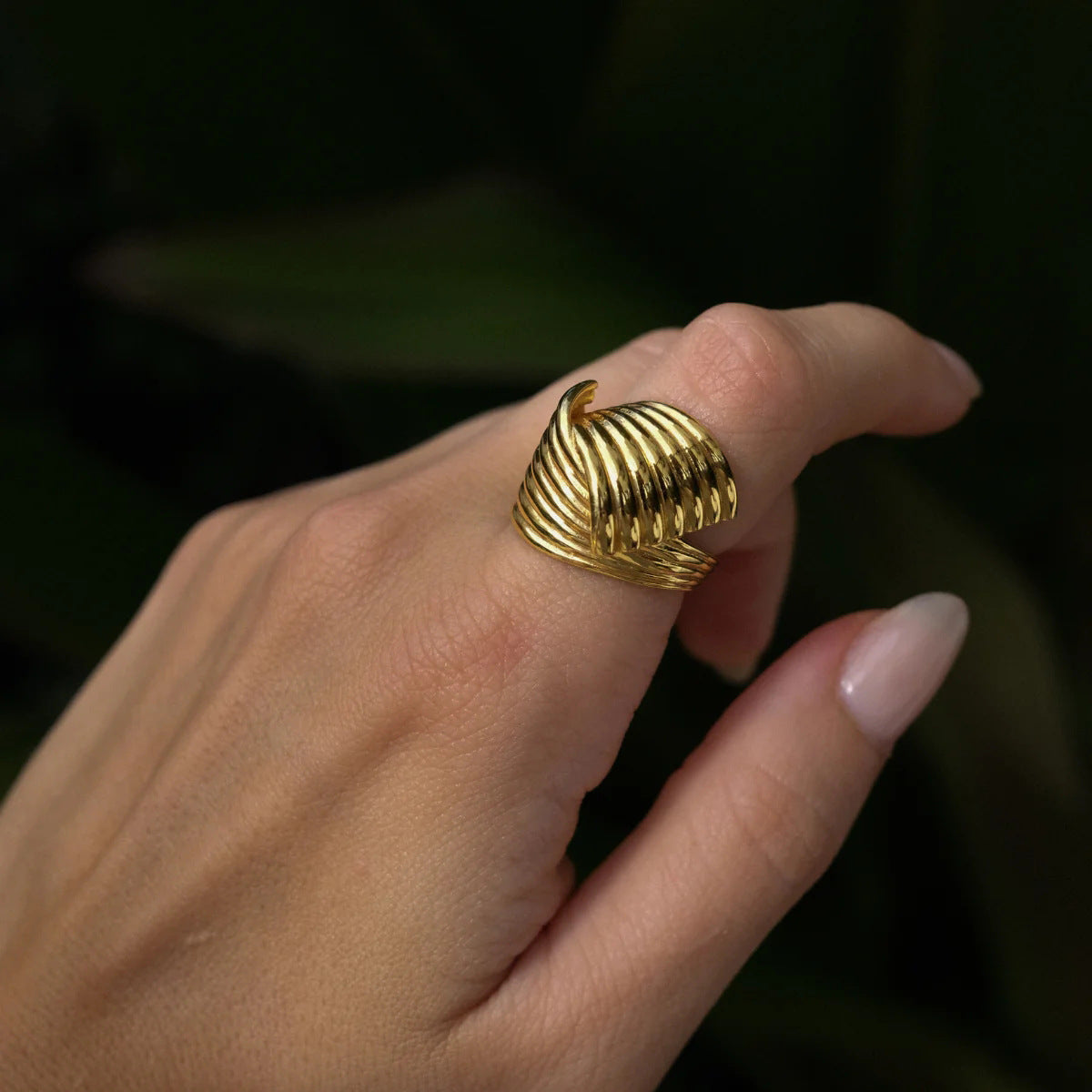 Minimalist Geometric Stainless Steel Ring with 18K Gold Plating and Woven Texture for Women