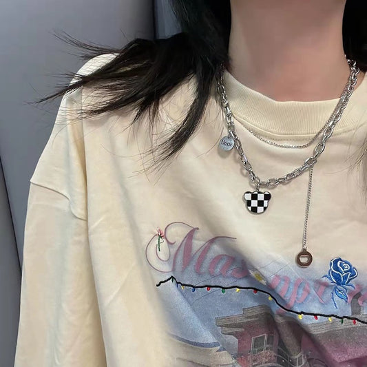 Collar minimalista de acero de titanio con diseño de oso a cuadros de doble capa para mujer y hombre con acabado chapado