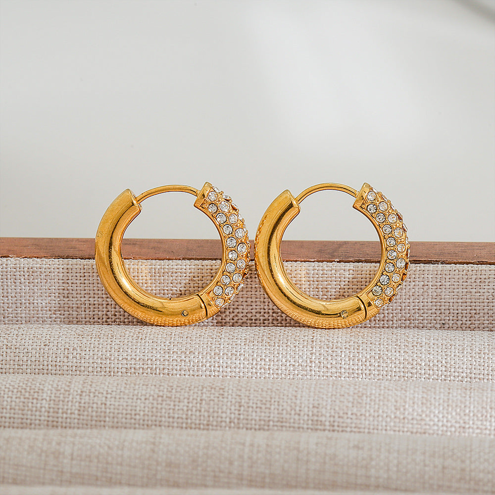Orecchini a Cerchio Minimalisti Geometrici in Acciaio Inossidabile con Placcatura in Oro 18K e Intarsio di Diamanti da Donna