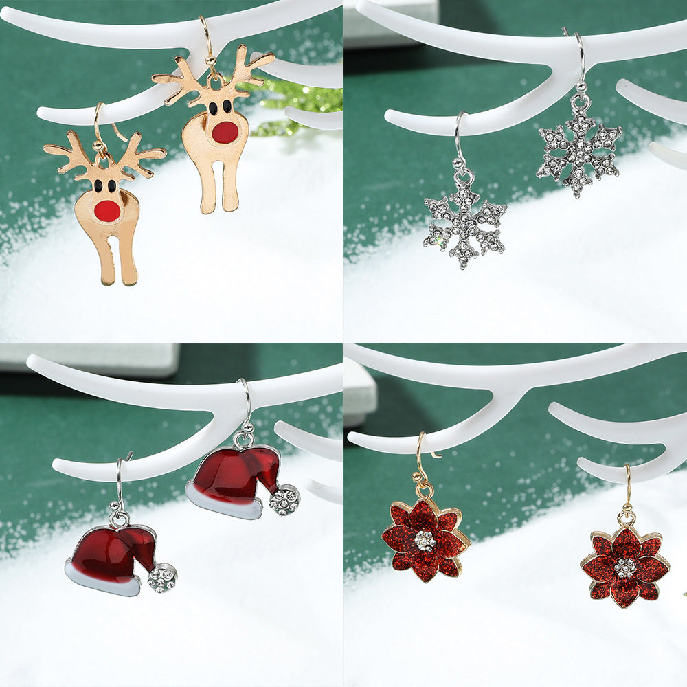 Pendientes de Navidad geométricos estilo Ins para mujer con esmalte de copo de nieve, reno y cascabel.