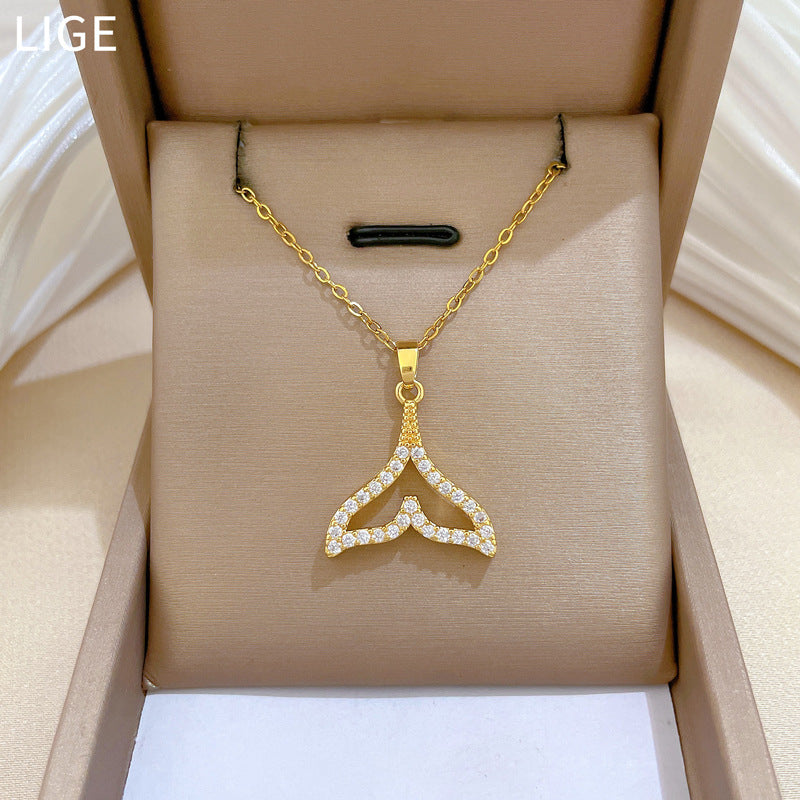 Sweet Minimalist Geometric Titanium Steel Necklace with Cubic Zirconia Inlay and Brass Pendant for Unisex