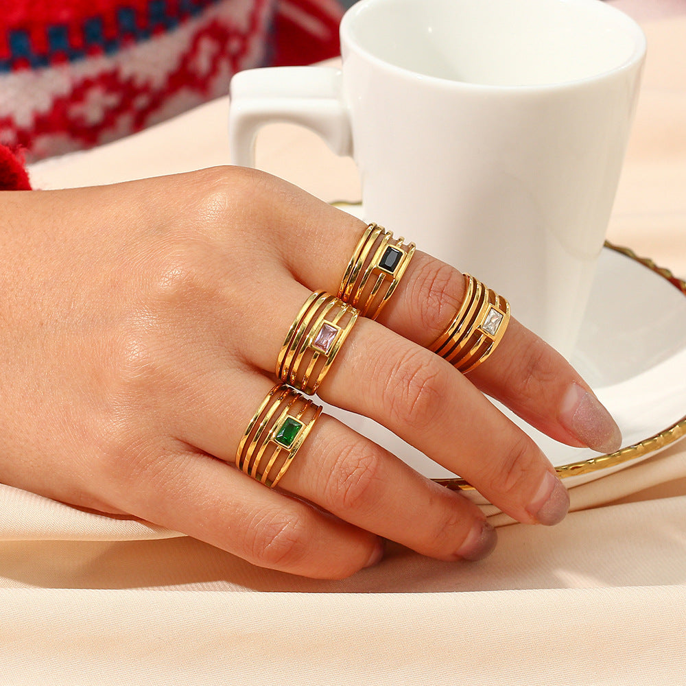 Minimalist Geometric Stainless Steel Ring with 18K Gold Plating and Hollow-Out Design Set with Zircon Inlays