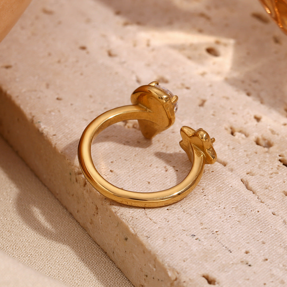 Anello asimmetrico da donna a forma di goccia con stella in zircone, in acciaio inossidabile placcato oro 18K