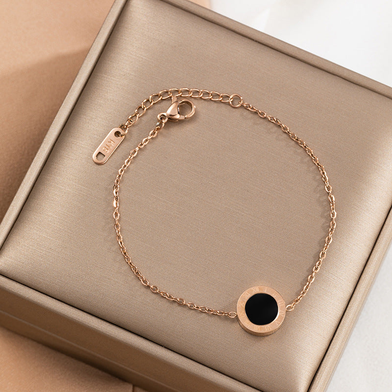 Minimalist Round Roman Numeral Bracelet in Titanium Steel with 18K Rose Gold Plating for Women