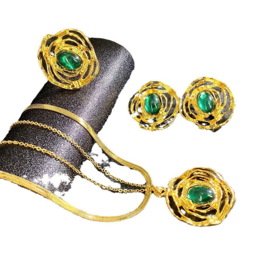 Set collana vintage geometrica a doppio strato placcata oro 18K in acciaio al titanio con strass intarsiati, catena a lama, gioielli unisex