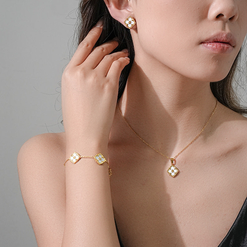 Minimalist Rhombus-Shaped Titanium Steel Necklace Set with Earrings and Bracelet, Vacuum-Plated 18K Gold Finish, Snake Chain