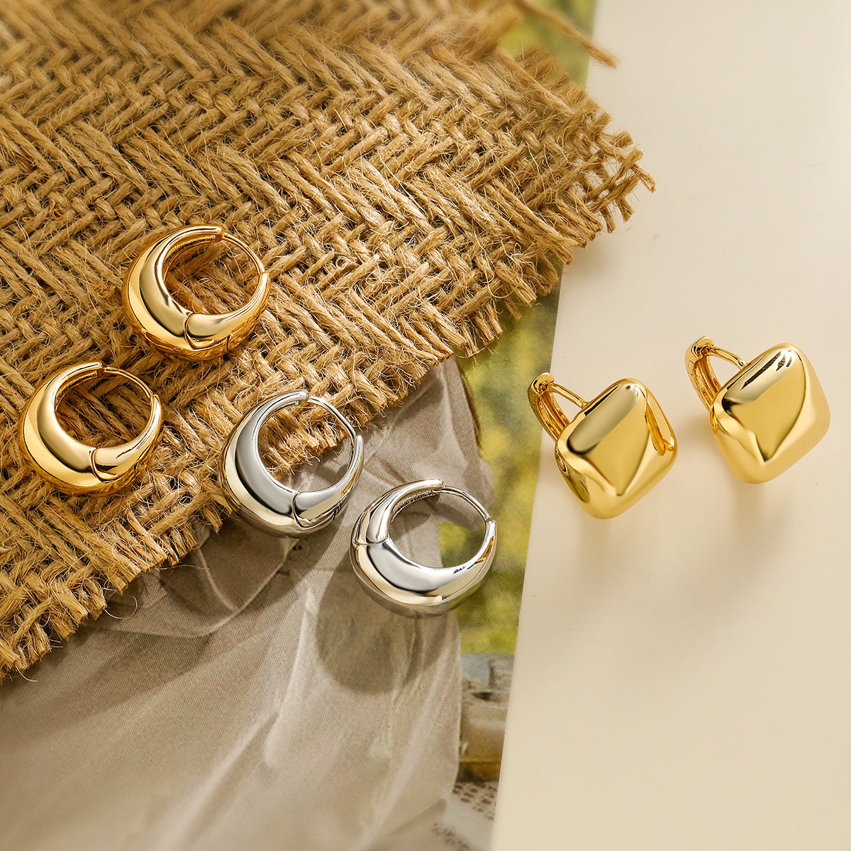 Minimalist Geometric Copper Earrings with Gold Plating for Women, Smooth Retro-Inspired Ear Clips