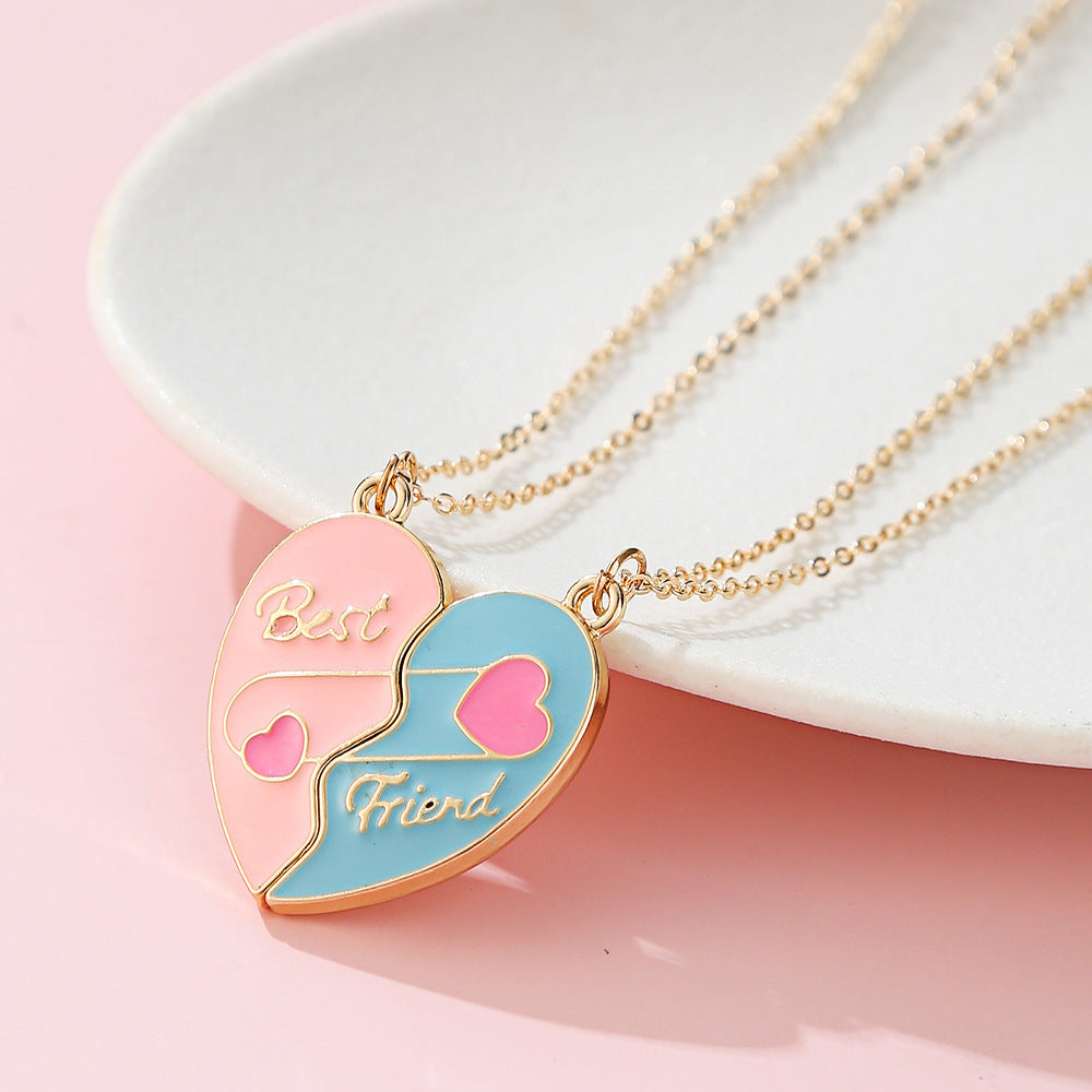 Precioso collar de aleación con forma de corazón y acabado esmaltado para niños, diseño de cadena cruzada con detalles de diamantes de imitación