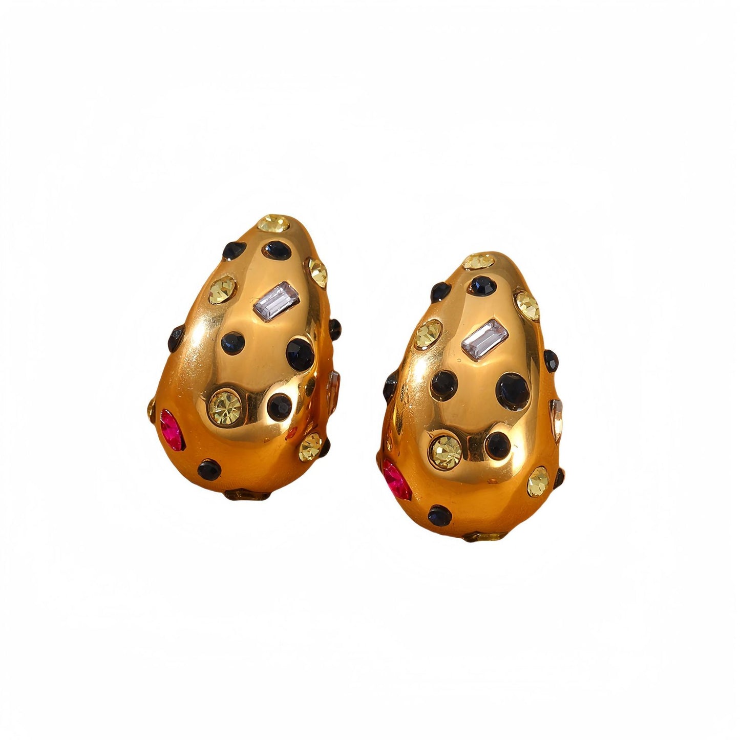 Pendientes de acero inoxidable a la moda con forma de gota de agua con incrustaciones de pedrería y chapado al vacío en oro de 18K para mujer