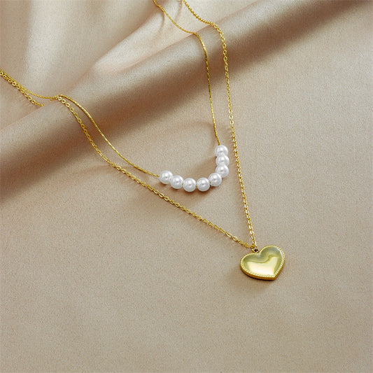 Collana Pendente Minimalista a Doppio Strato a Cuore in Acciaio al Titanio con Finitura Placcata per Donne