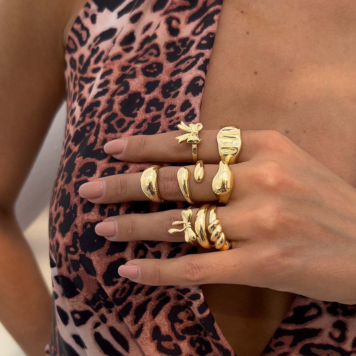 Geometric Plated Zinc Alloy Ring Set for Women