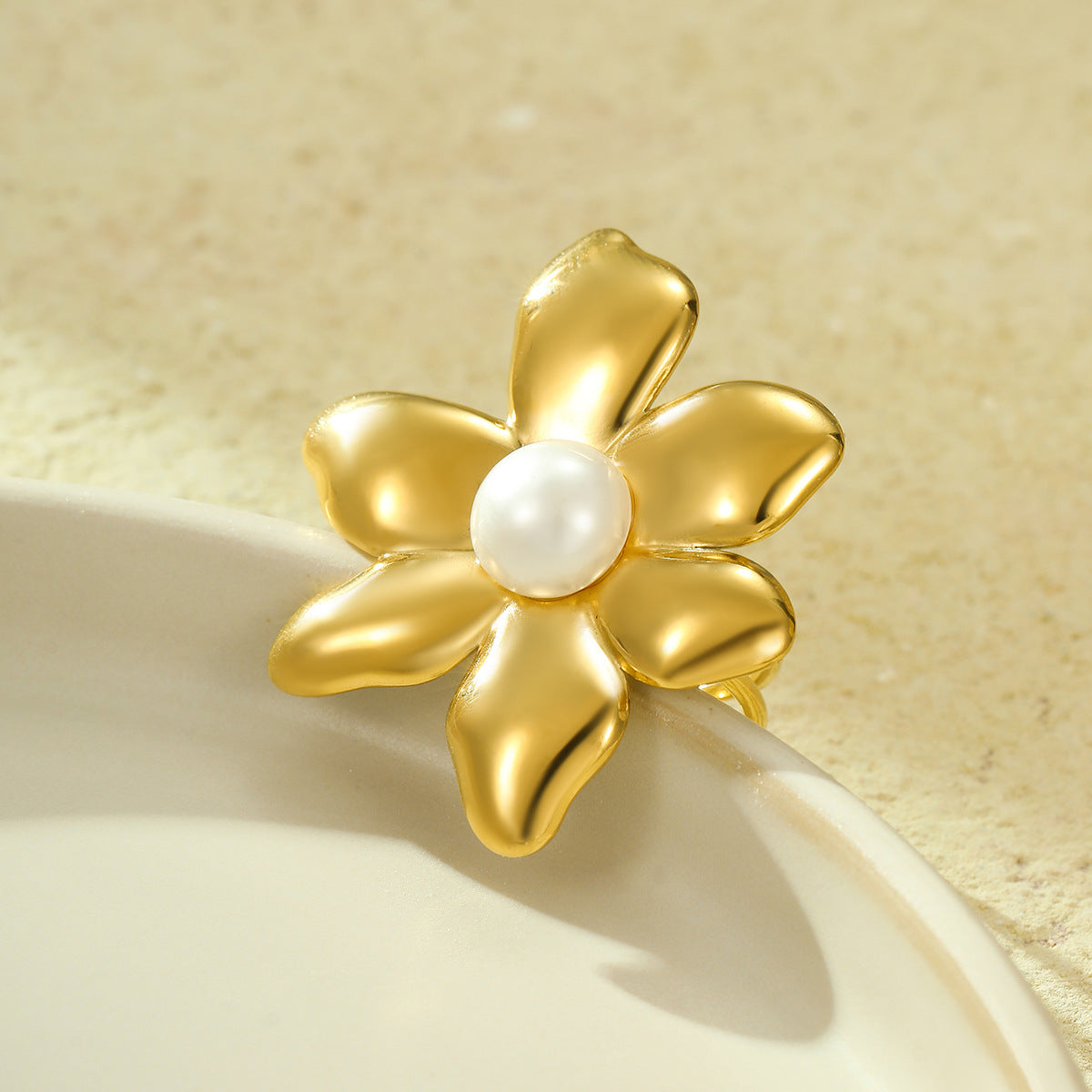 Minimalist Irregular Petal-Shaped Titanium Steel Ring with Pearl Inlay for Women